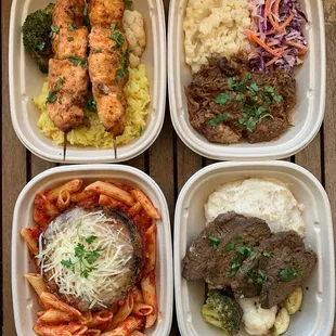 Chicken Kebab w/ Rice &amp; Veg, Pulled Pork w/ Mashed Potatoes &amp; Coleslaw, Eggplant Parm w/ Penne Marinara, Tri-tip w/ Mashed Potatoes &amp; Veg