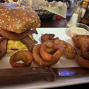 Burger with onion rings