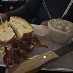 Blue cheese burger with Clam Chowder
