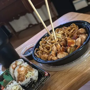 Shrimp tempura roll and kids chicken hibachi with noodles