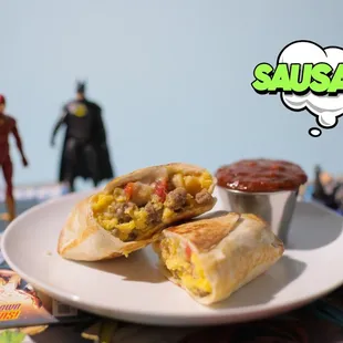 a plate of food with a toy figure in the background