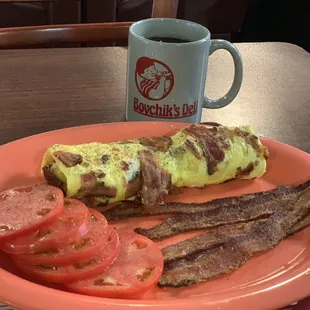 Bacon Omelette w/side of Boars Head Thick Cut Bacon and slices of Hanover Tomatoes ...add Boychik&apos;s Blend Coffee