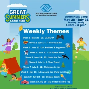 Summer 2024
Day Camp
Weekly themes