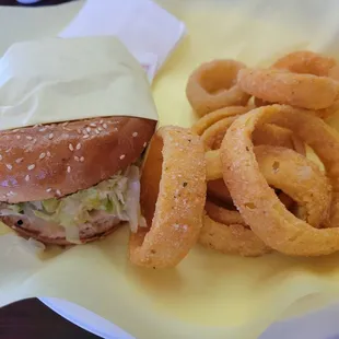 Cheese burger and onion rings, fantastic!  A $11 combo.  Other places $6.50-$7.95 a combo.