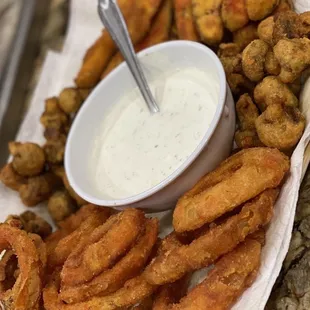Onion rings, fried mushrooms, fried zucchini with the best ranch for dipping