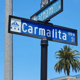a street sign with a palm tree in the background