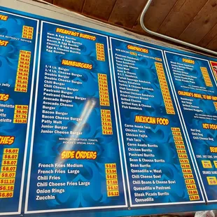 the menu of a fast food restaurant