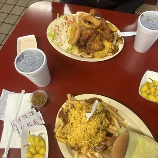 Bacon Cheeseburger with Chili cheese Fries and 3 pc chicken dinner with salad &amp; chili cheese fries. Been coming here for over 30 years!