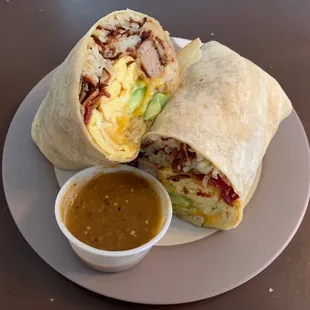Bacon Breakfast Burrito add Sausage, avocado, extra cheese