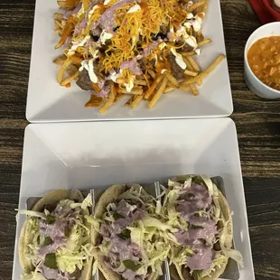 TAKOS - Bulgogi Tacos, and Bulgogi fries - blueberry sauce is my fave!