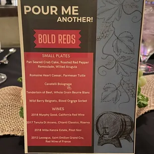 Menu for the evening