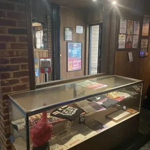 Display case of sports memorabilia.