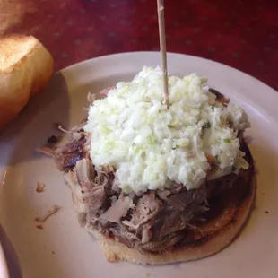 Red Pork sandwich w slaw