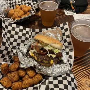 Burger, tots, and beer