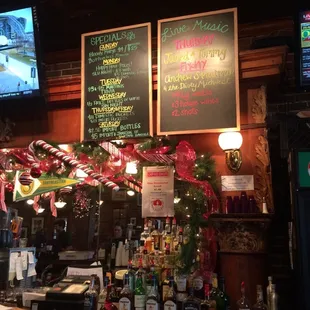 a bar with christmas decorations