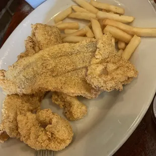 Where are the fries?  A kids platter at the table next to us had triple this. And the catfish was also not tasty. A little cold as well.
