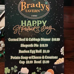 St. Patrick's Day menu