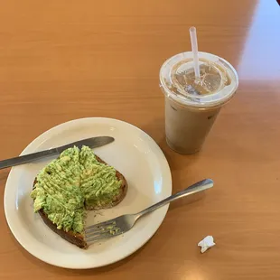 Avocado toast and an iced latte