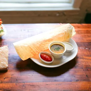 Dosa, served with Chilli Chutney, Coconut Chutney and our famous Sambar Soup