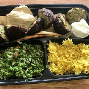 The falafel dinner was delicious. Crispy on the outside and just the right amount of seasoning on the inside.