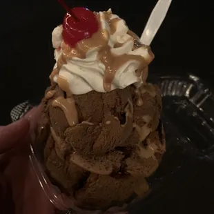 a chocolate ice cream sundae with a cherry on top