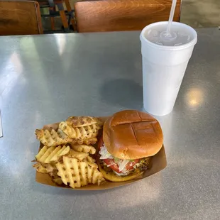 Smash Burger, Waffle Fries &amp; Iced tea.