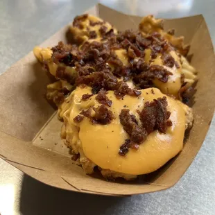 Loaded waffle fries with bacon-waffle fries, nacho cheese and bacon.  Comes with brake sauce but we had it on the side.