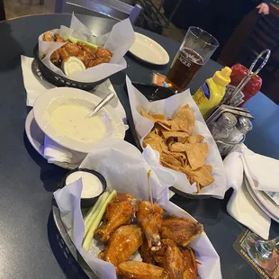 Chips and queso, mango habanero wings, hot bbq wings