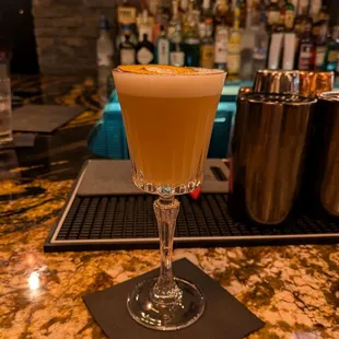 PICASSO LIKED PISCO - LA DIABLATA PISCO, BONAL SICILIAN AMARO, GIFFARD VANILLS, LEMON, LIME, TRINITY BITTERS, PEACH