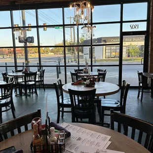 Seating facing the road .