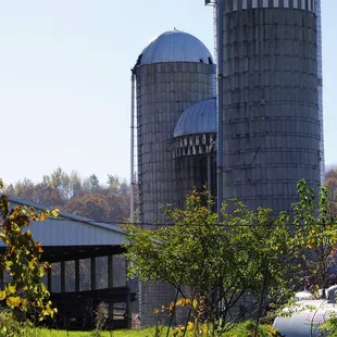 two silos in the background