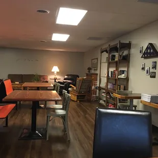 View of a portion of the seating in the coffee shop. Such a comfy place to sit and get work done.