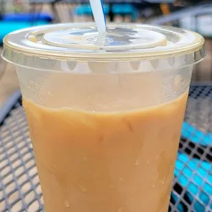 Large iced toffee caramel pecan coffee