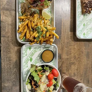 Oyster mushroom po'boy, Indian fries, and side salad