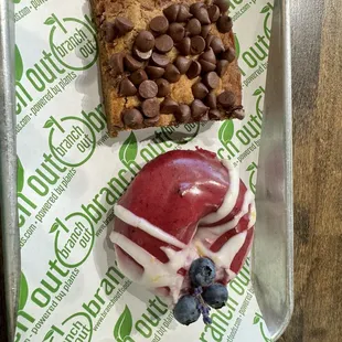 Blueberry lavender doughnut and almond butter blondie