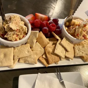 Duo Dips ($10 as of Oct &apos;21) - we picked sundries tomato cheese &amp; pimento cheese. Served with &quot;crostinis&quot; &amp; fresh fruit