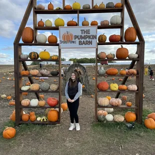 a woman standing in front of a display of pumpkins