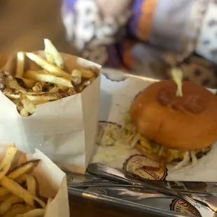 Cheeseburger and fries.. and truffle fries.