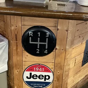 a jeep sticker on a wooden counter