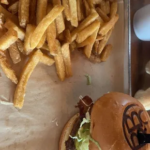 Bacon cheeseburger and fries