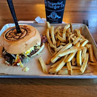 Branded cheeseburger with bacon.