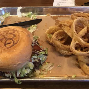 Cheese burger and onion rings