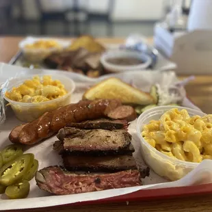 Brisket, Ribs (best rib ever), sausage, Mac n cheese and texas toast.