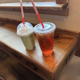 Iced mango teach and iced macha tea