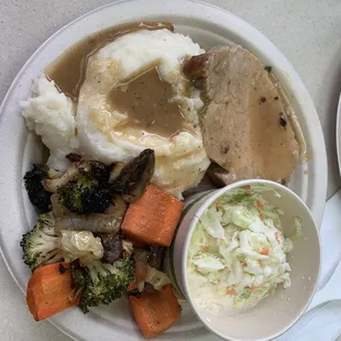 Lunch special (pork tenderloin, mashed potatoes, roasted vegetables and cole slaw)