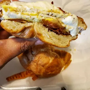 Bacon, egg, chive cream cheese croissant