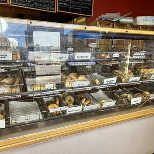 a display case full of bagels