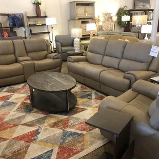 A reclining living room set by Flexsteel. We offer customization of almost all upholstery pieces on our floor.