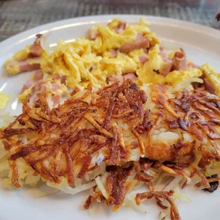 Diced ham and eggs scrambled,  good hash