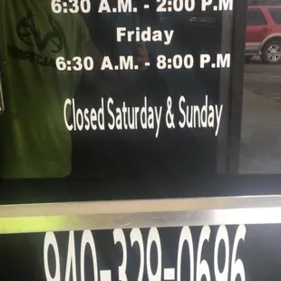 Hours and phone number